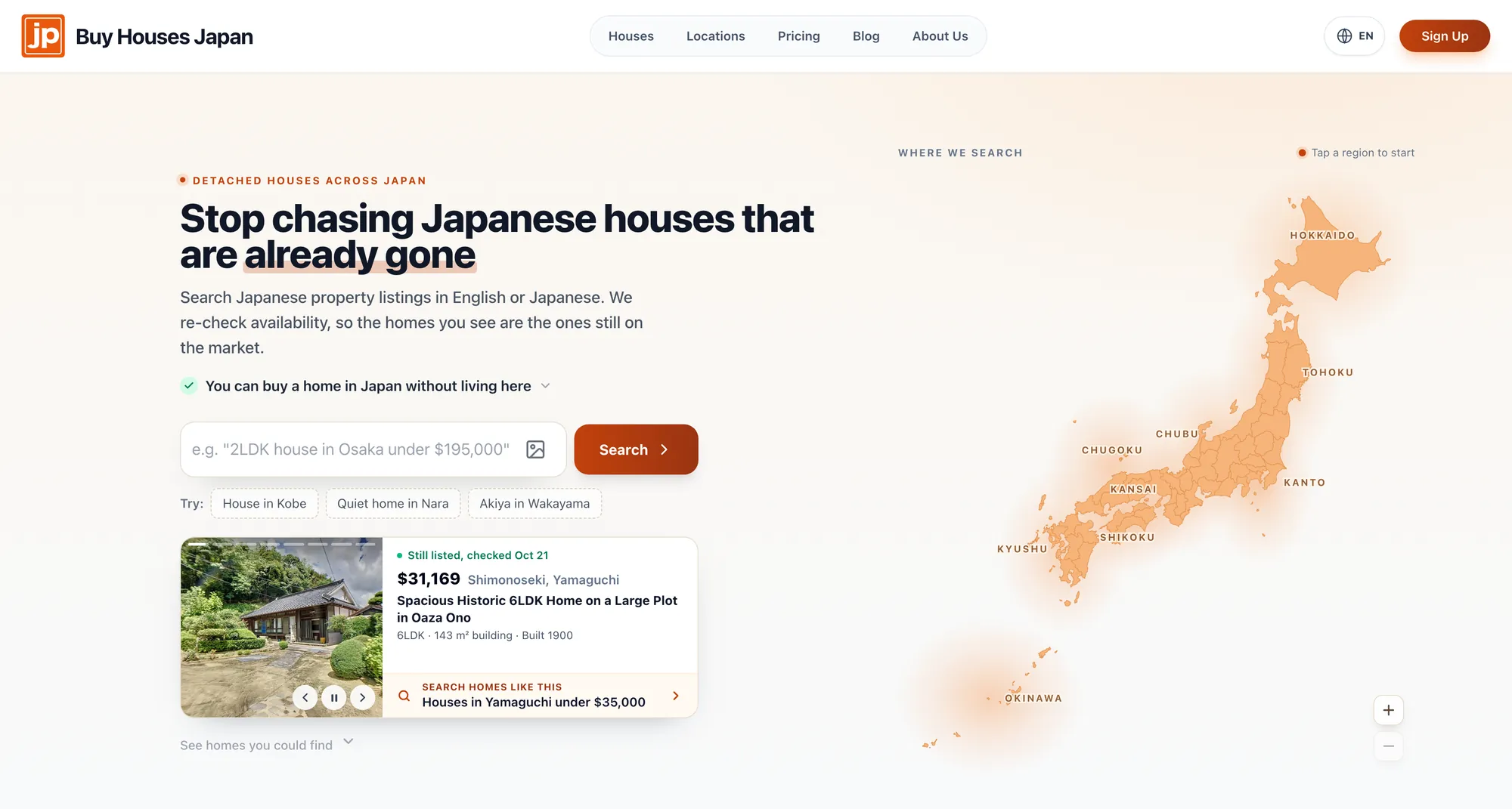 The homepage makes the promise this pipeline keeps: houses still listed, each with the date it was checked. Live product, 21 October 2026.