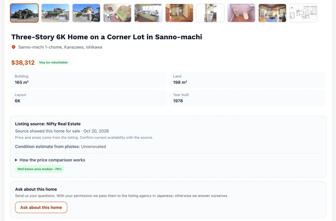The Kanazawa house from that search: parsed facts, source and check date, condition from the photos and price against the area. Street number removed from this capture.
