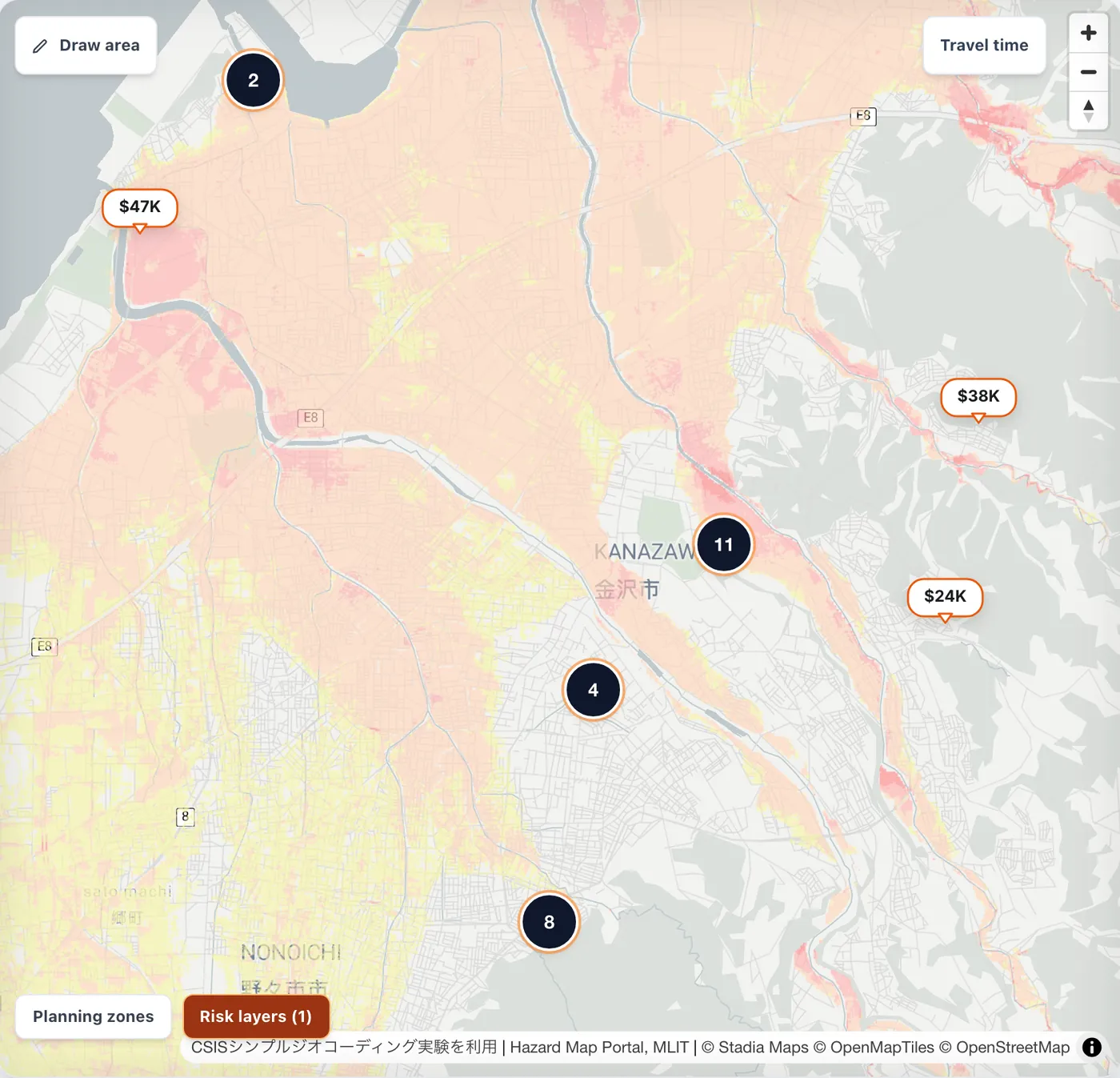 The map for the same search, with the official flood layer switched on. Live product, 21 October 2026.