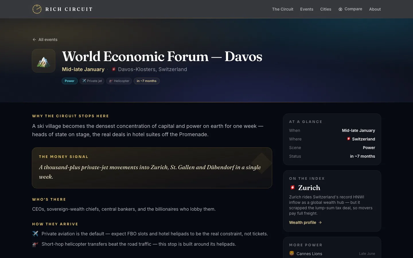 A stop page: dates, attendees, arrival modes, and a money signal for Davos